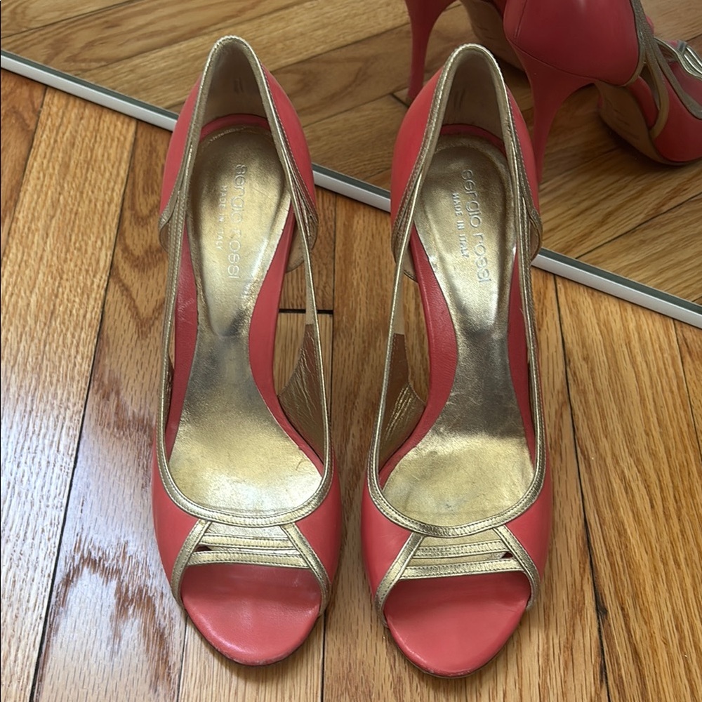 Sergio Rossi Pink and Gold Peep-Toe Heels 38